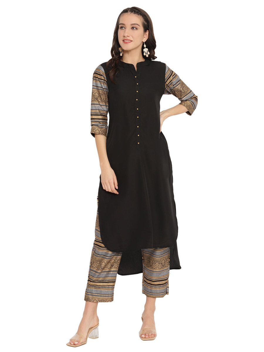 Ahalyaa Women Black & Golden Printed High Low Kurta With Trouser | Grocsy