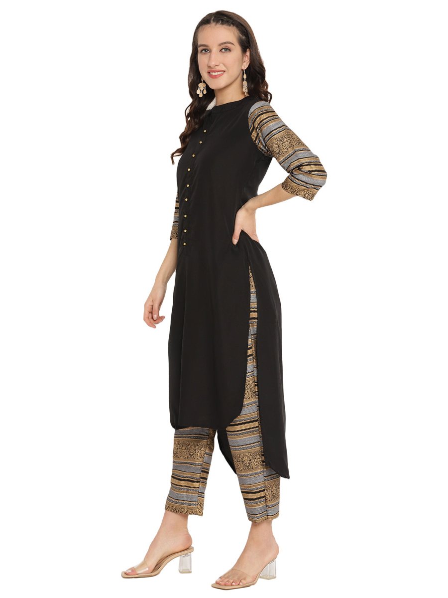 Ahalyaa Women Black & Golden Printed High Low Kurta With Trouser | Grocsy
