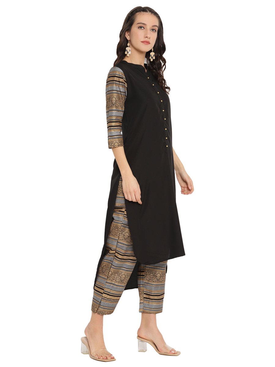 Ahalyaa Women Black & Golden Printed High Low Kurta With Trouser | Grocsy