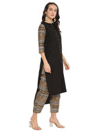 Ahalyaa Women Black & Golden Printed High Low Kurta With Trouser | Grocsy