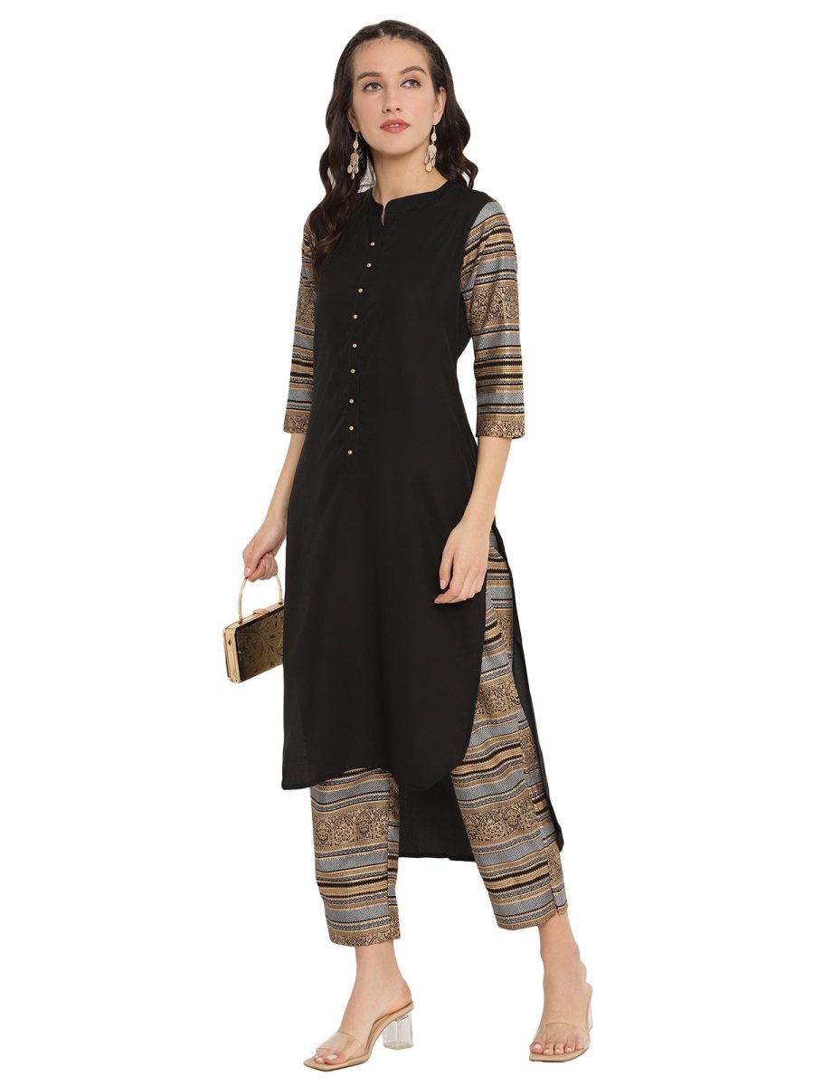 Ahalyaa Women Black & Golden Printed High Low Kurta With Trouser | Grocsy