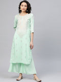Ahalyaa Women Sea Green & Golden Printed Kurta With Palazzo | Grocsy