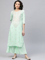 Ahalyaa Women Sea Green & Golden Printed Kurta With Palazzo | Grocsy