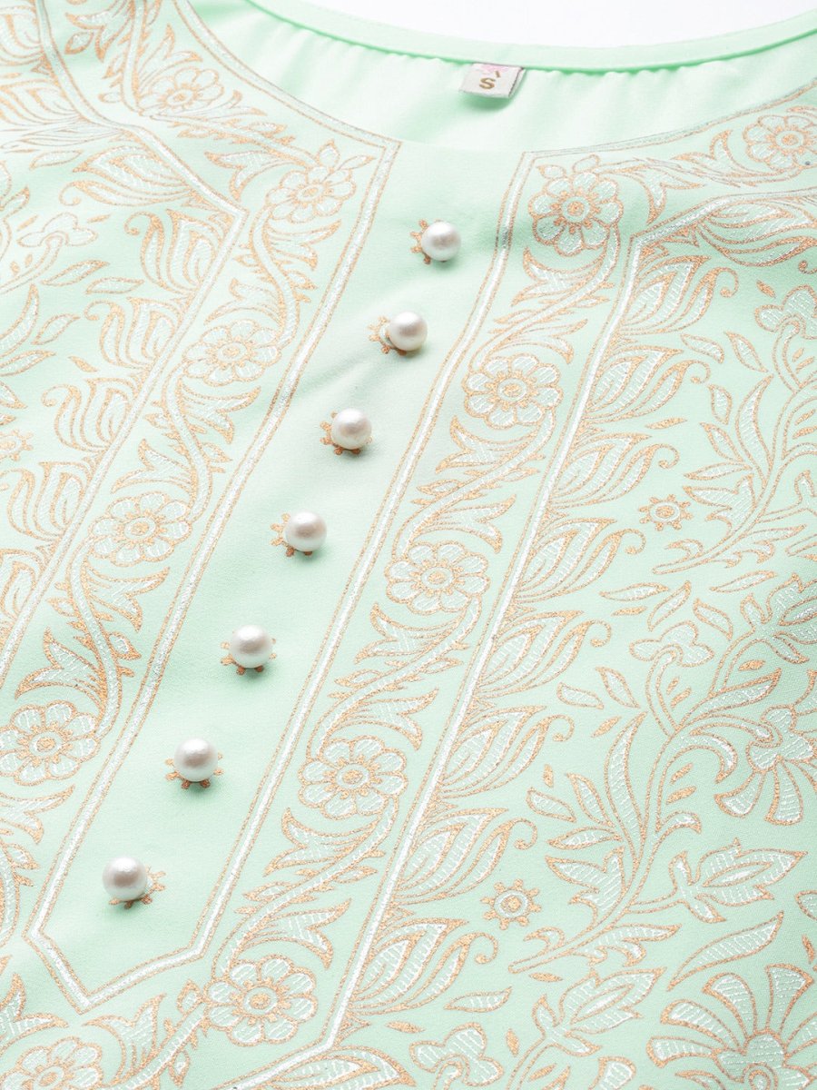Ahalyaa Women Sea Green & Golden Printed Kurta With Palazzo | Grocsy