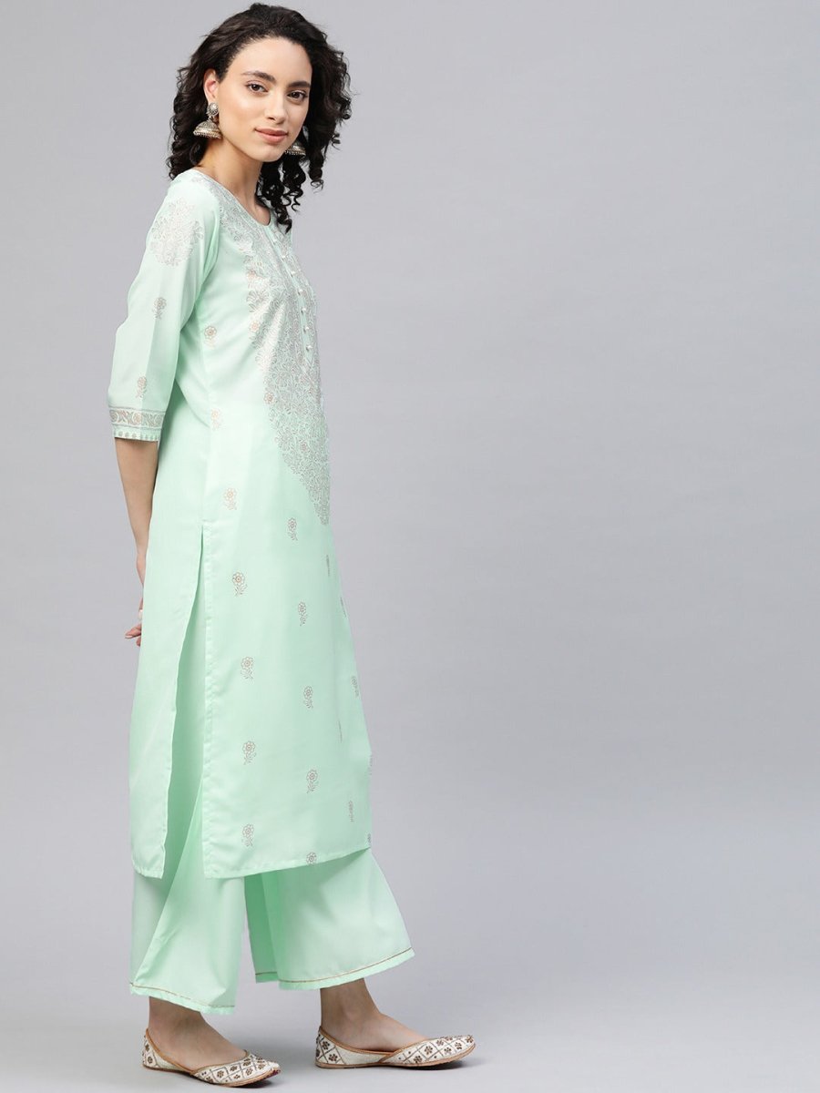 Ahalyaa Women Sea Green & Golden Printed Kurta With Palazzo | Grocsy