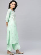 Ahalyaa Women Sea Green & Golden Printed Kurta With Palazzo | Grocsy