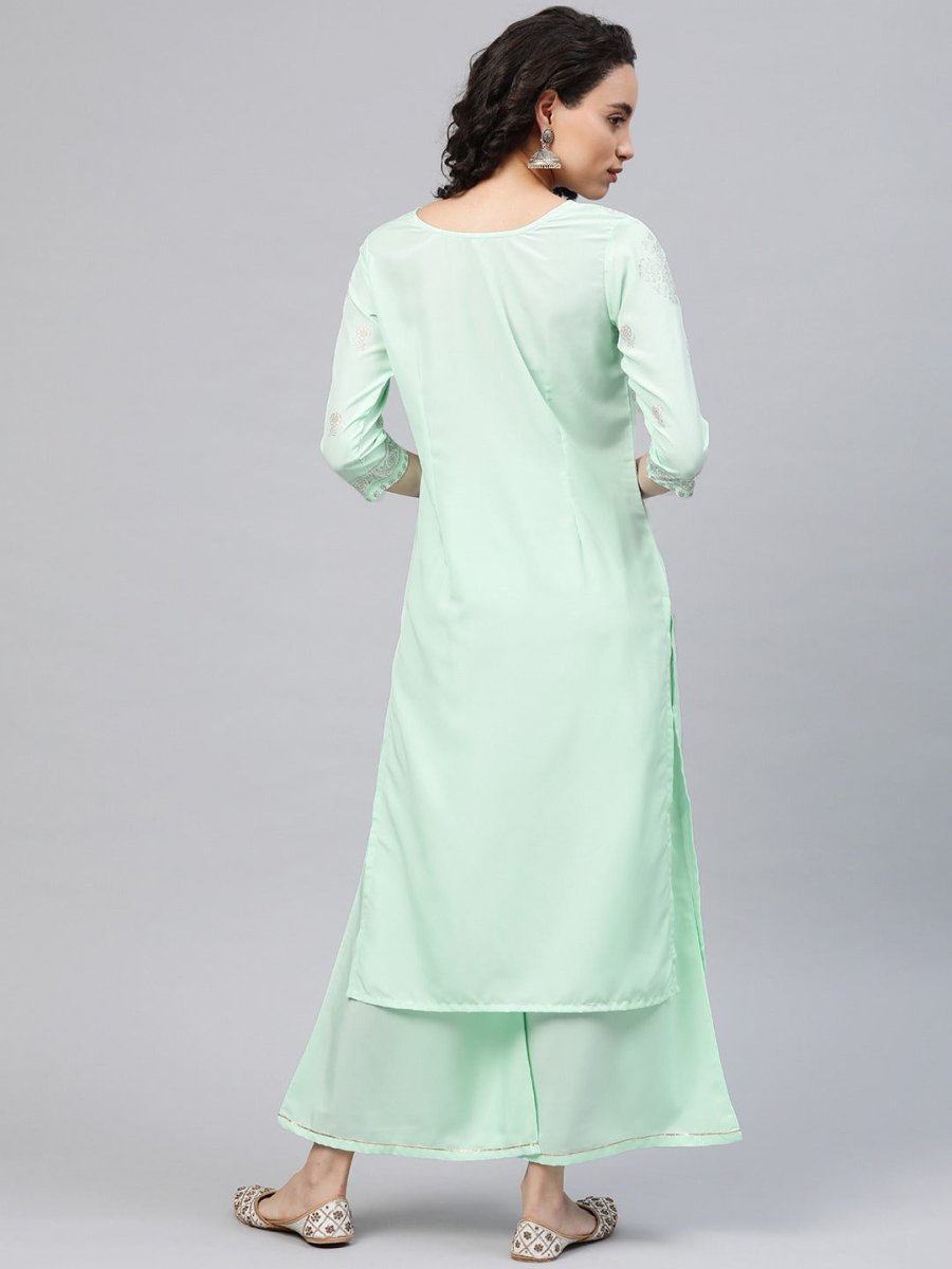 Ahalyaa Women Sea Green & Golden Printed Kurta With Palazzo | Grocsy