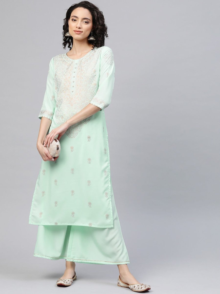 Ahalyaa Women Sea Green & Golden Printed Kurta With Palazzo | Grocsy