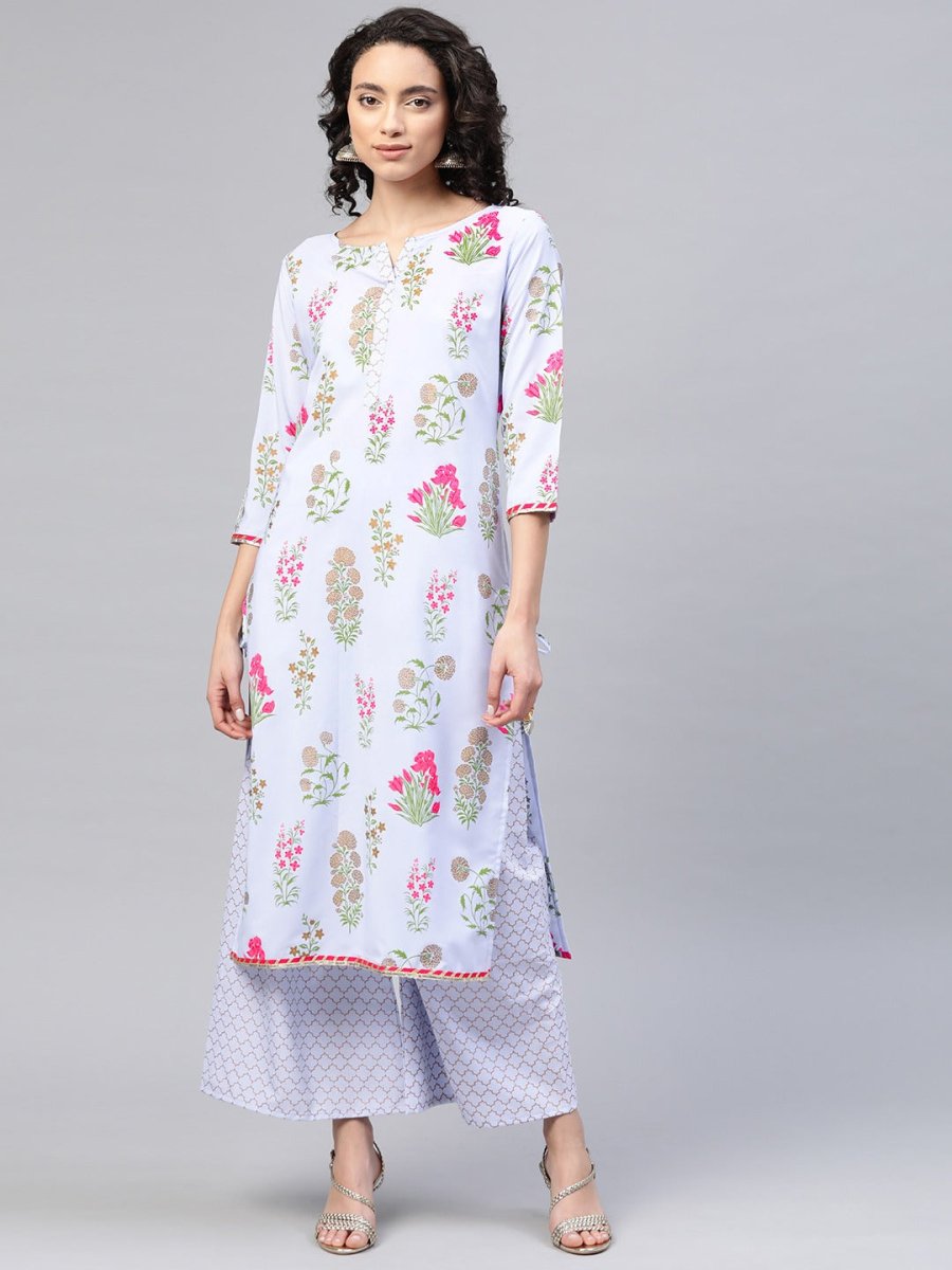 Ahalyaa Women Blue & Pink Floral Print Kurta With Palazzo | Grocsy