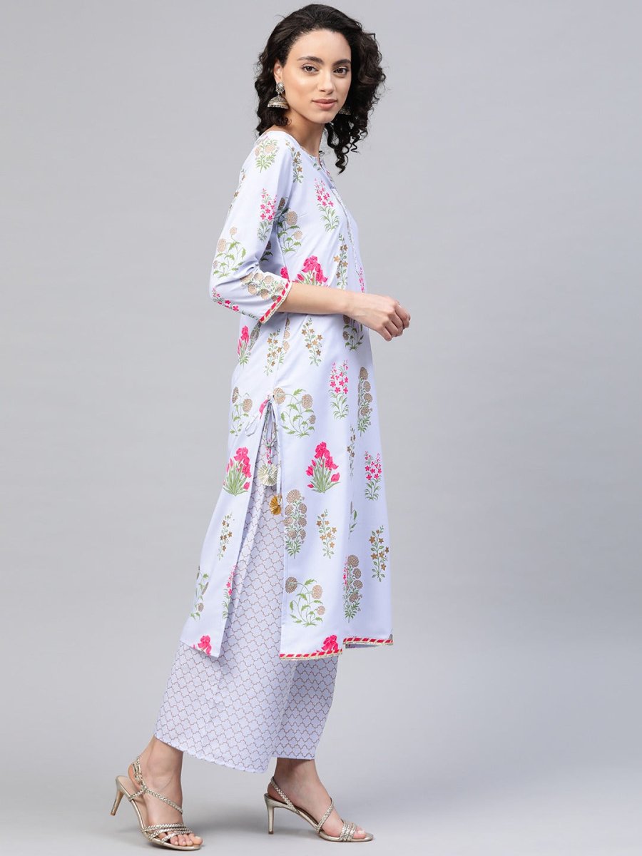 Ahalyaa Women Blue & Pink Floral Print Kurta With Palazzo | Grocsy