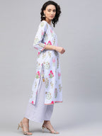 Ahalyaa Women Blue & Pink Floral Print Kurta With Palazzo | Grocsy