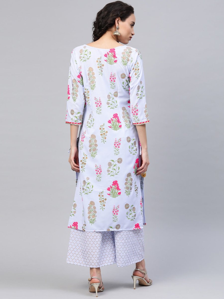 Ahalyaa Women Blue & Pink Floral Print Kurta With Palazzo | Grocsy