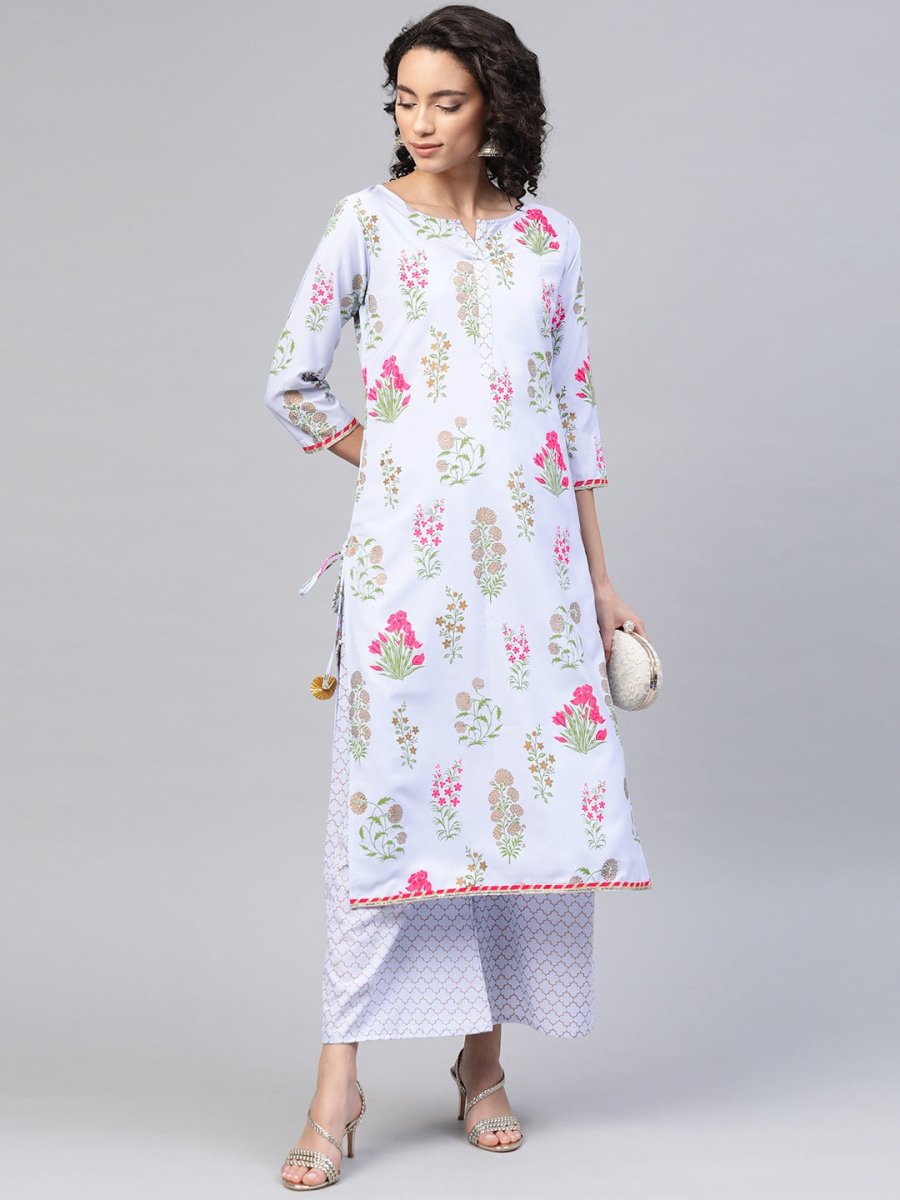 Ahalyaa Women Blue & Pink Floral Print Kurta With Palazzo | Grocsy