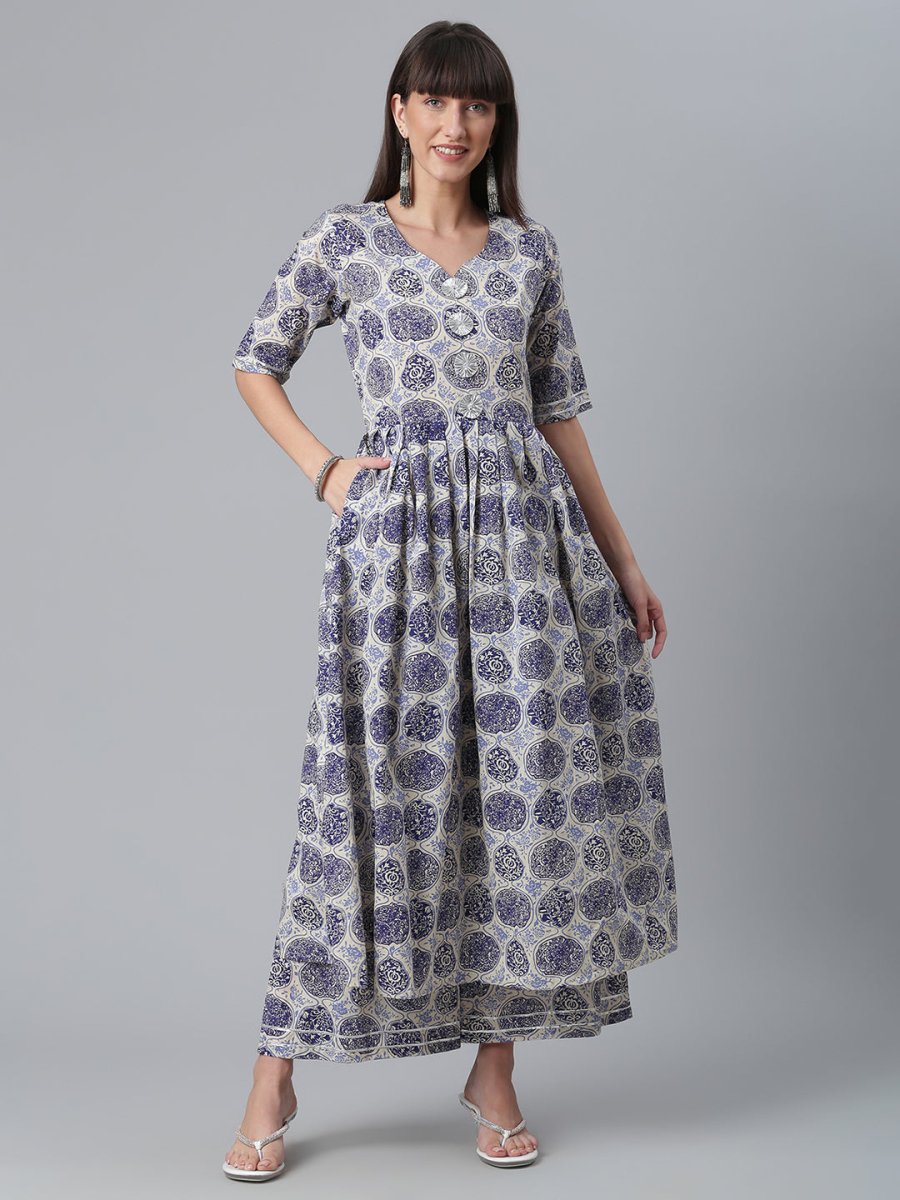 Ahalyaa Blue & Off-White Pure Cotton Printed Kurta with Palazzo | Grocsy
