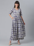 Ahalyaa Blue & Off-White Pure Cotton Printed Kurta with Palazzo | Grocsy