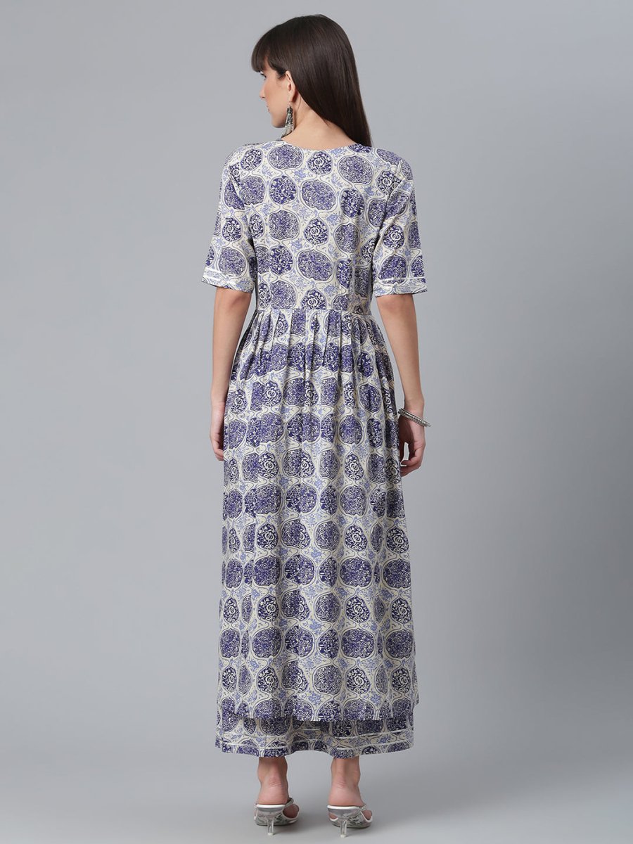 Ahalyaa Blue & Off-White Pure Cotton Printed Kurta with Palazzo | Grocsy