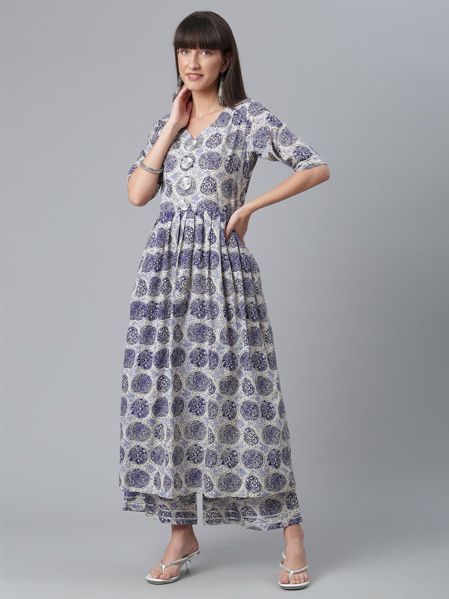 Ahalyaa Blue & Off-White Pure Cotton Printed Kurta with Palazzo | Grocsy