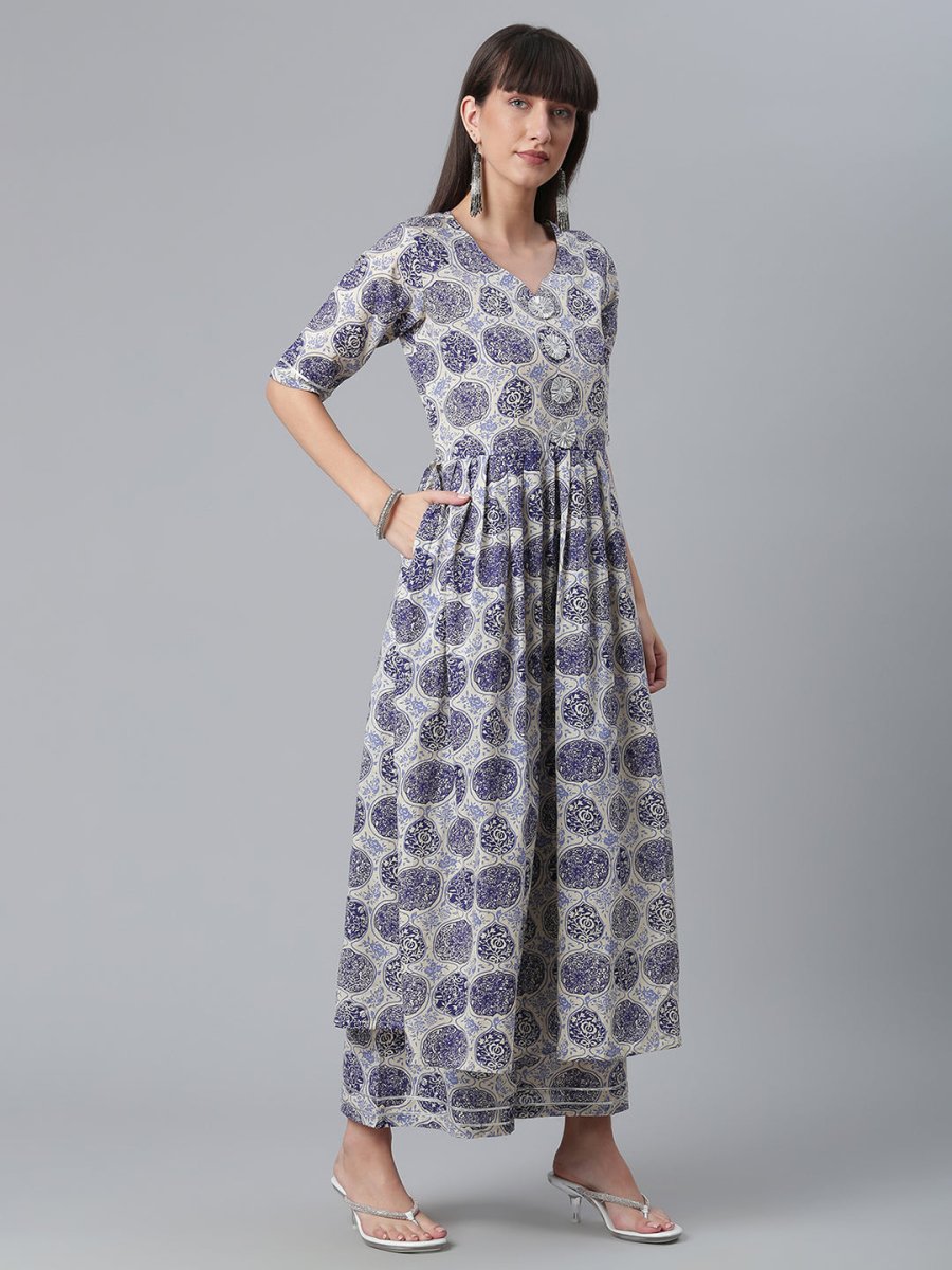Ahalyaa Blue & Off-White Pure Cotton Printed Kurta with Palazzo | Grocsy