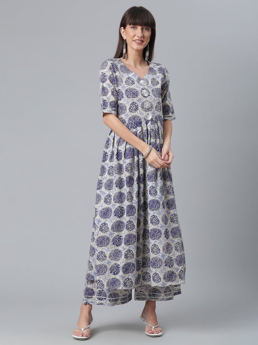Ahalyaa Blue & Off-White Pure Cotton Printed Kurta with Palazzo | Grocsy