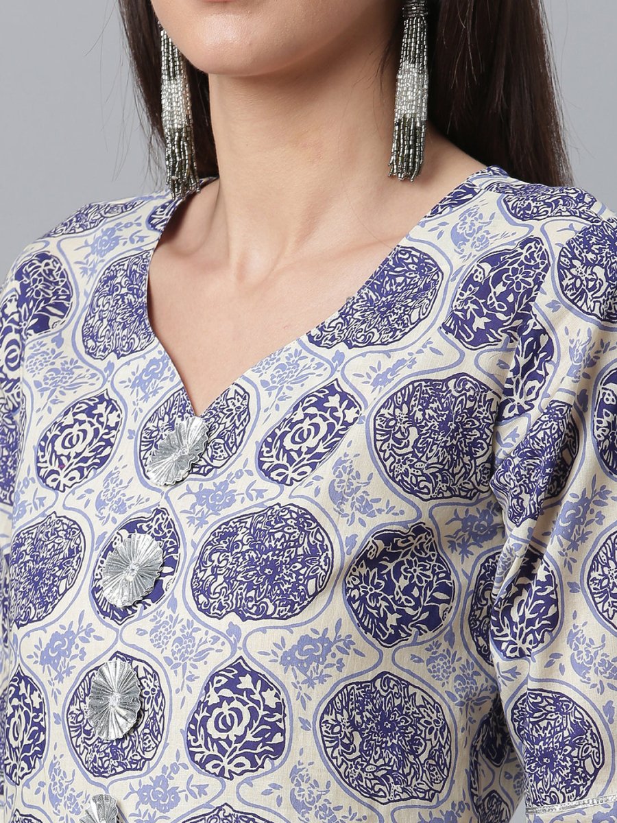 Ahalyaa Blue & Off-White Pure Cotton Printed Kurta with Palazzo | Grocsy