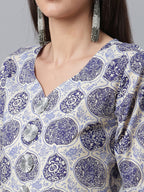 Ahalyaa Blue & Off-White Pure Cotton Printed Kurta with Palazzo | Grocsy
