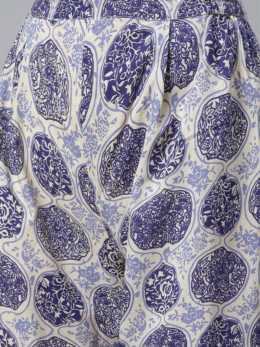 Ahalyaa Blue & Off-White Pure Cotton Printed Kurta with Palazzo | Grocsy