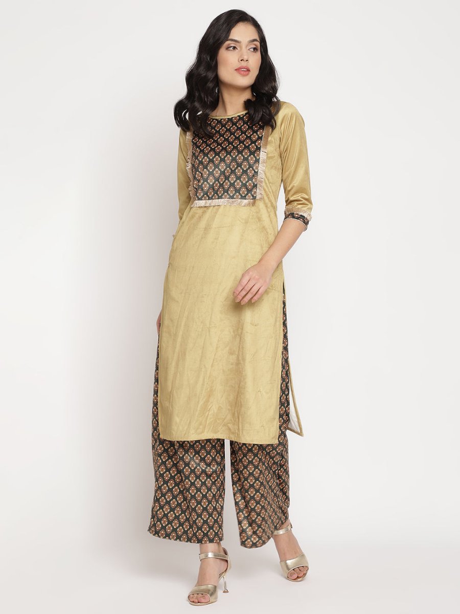 Ahalyaa Women's Mustard Color Digital Print Velvet Kurta With Palazzo | Grocsy