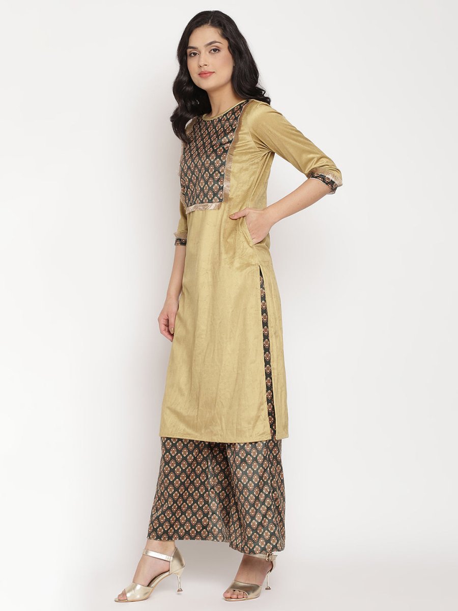 Ahalyaa Women's Mustard Color Digital Print Velvet Kurta With Palazzo | Grocsy