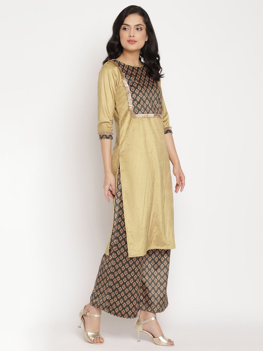 Ahalyaa Women's Mustard Color Digital Print Velvet Kurta With Palazzo | Grocsy