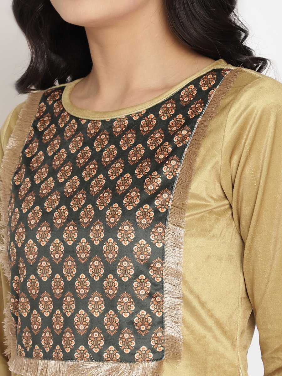 Ahalyaa Women's Mustard Color Digital Print Velvet Kurta With Palazzo | Grocsy