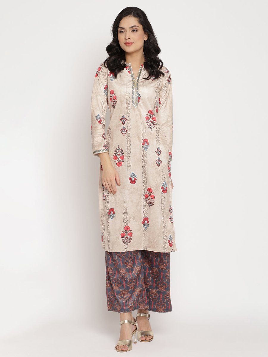 Ahalyaa Women's Beige Color Digital Print Velvet Kurta With Palazzo | Grocsy