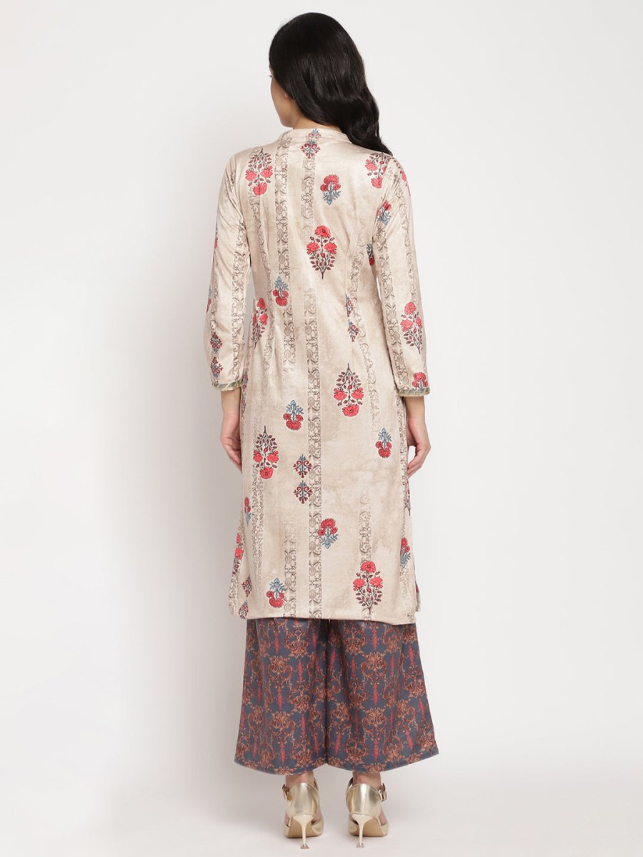 Ahalyaa Women's Beige Color Digital Print Velvet Kurta With Palazzo | Grocsy