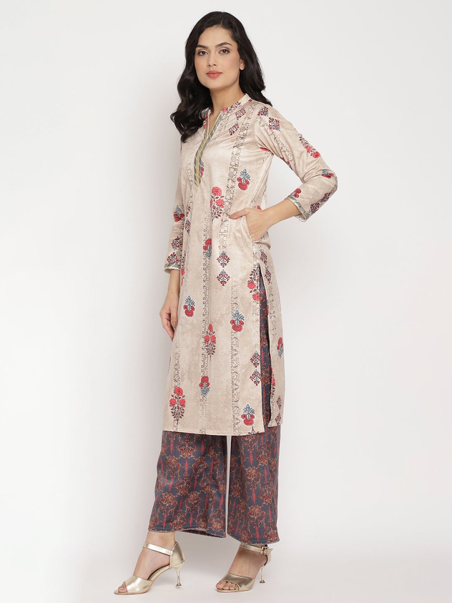 Ahalyaa Women's Beige Color Digital Print Velvet Kurta With Palazzo | Grocsy