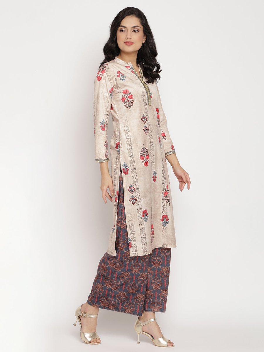 Ahalyaa Women's Beige Color Digital Print Velvet Kurta With Palazzo | Grocsy