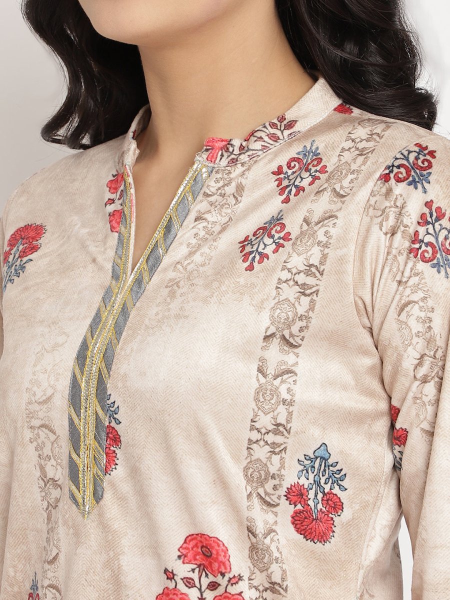 Ahalyaa Women's Beige Color Digital Print Velvet Kurta With Palazzo | Grocsy