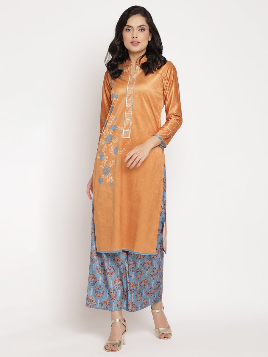Ahalyaa Women's Orange Color Digital Print Velvet Kurta With Palazzo | Grocsy