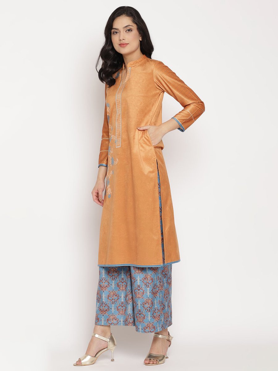 Ahalyaa Women's Orange Color Digital Print Velvet Kurta With Palazzo | Grocsy