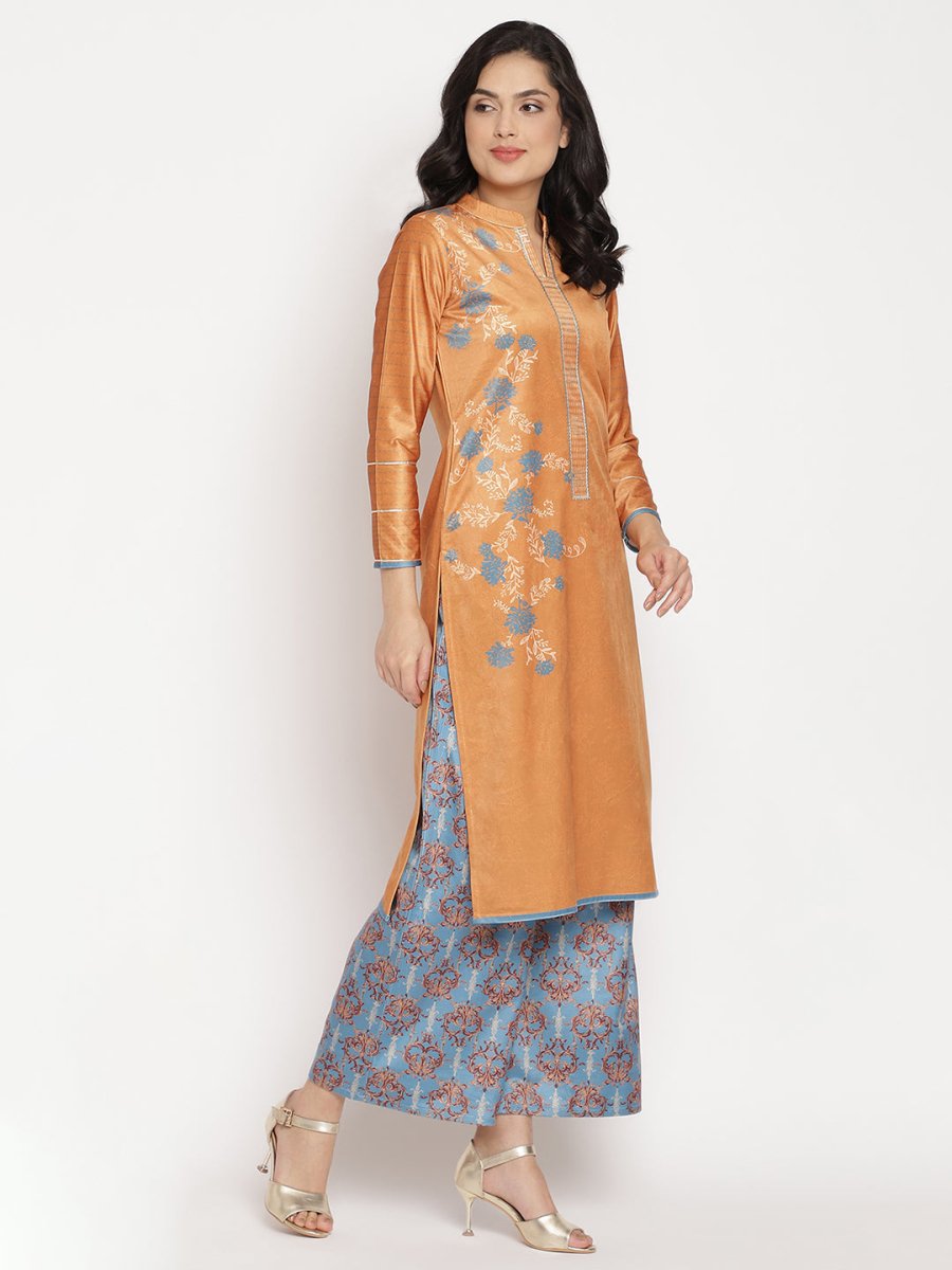 Ahalyaa Women's Orange Color Digital Print Velvet Kurta With Palazzo | Grocsy