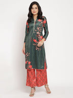 Ahalyaa Women's Dark Green Color Digital Print Velvet Kurta With Palazzo | Grocsy
