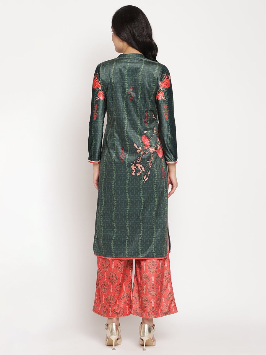 Ahalyaa Women's Dark Green Color Digital Print Velvet Kurta With Palazzo | Grocsy