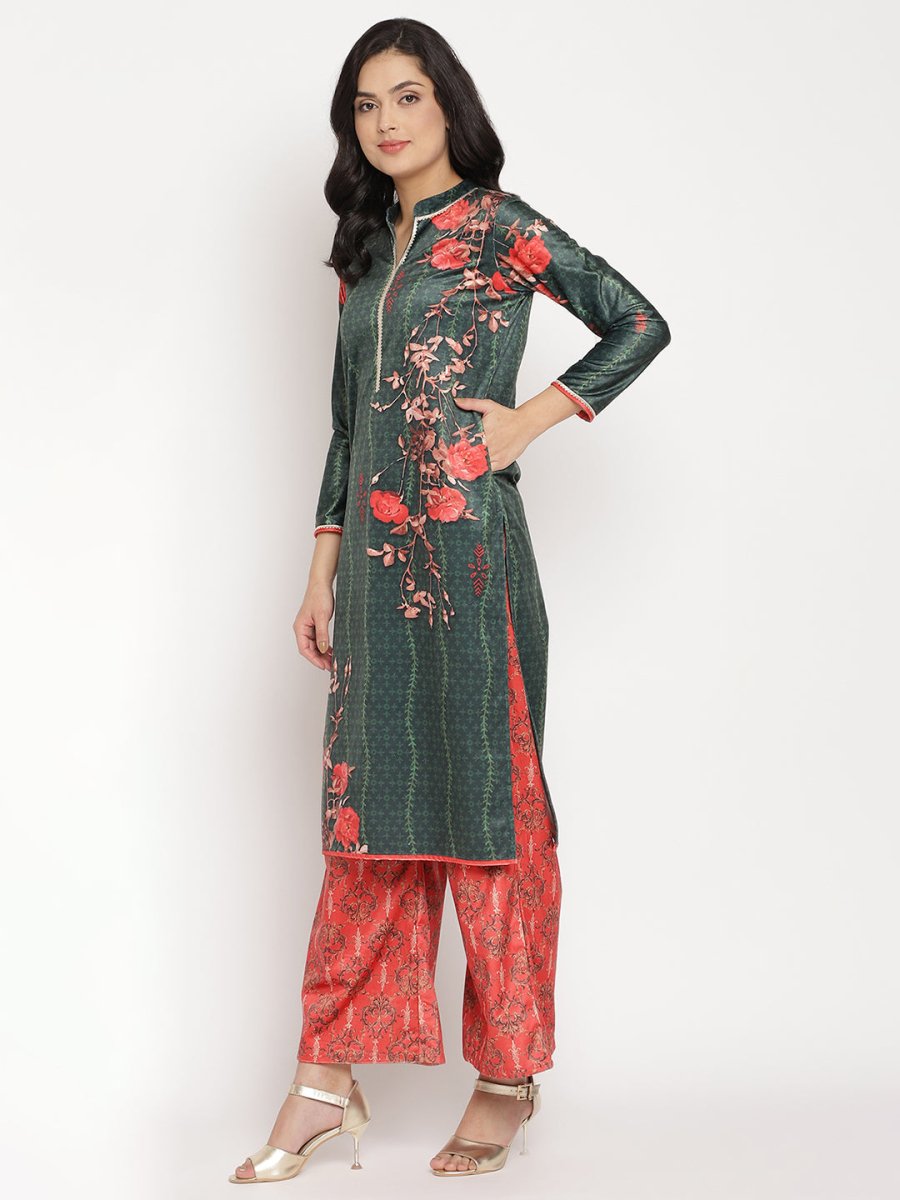 Ahalyaa Women's Dark Green Color Digital Print Velvet Kurta With Palazzo | Grocsy