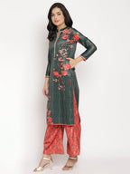 Ahalyaa Women's Dark Green Color Digital Print Velvet Kurta With Palazzo | Grocsy