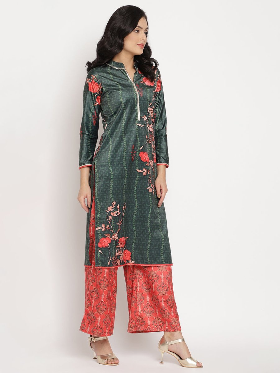 Ahalyaa Women's Dark Green Color Digital Print Velvet Kurta With Palazzo | Grocsy