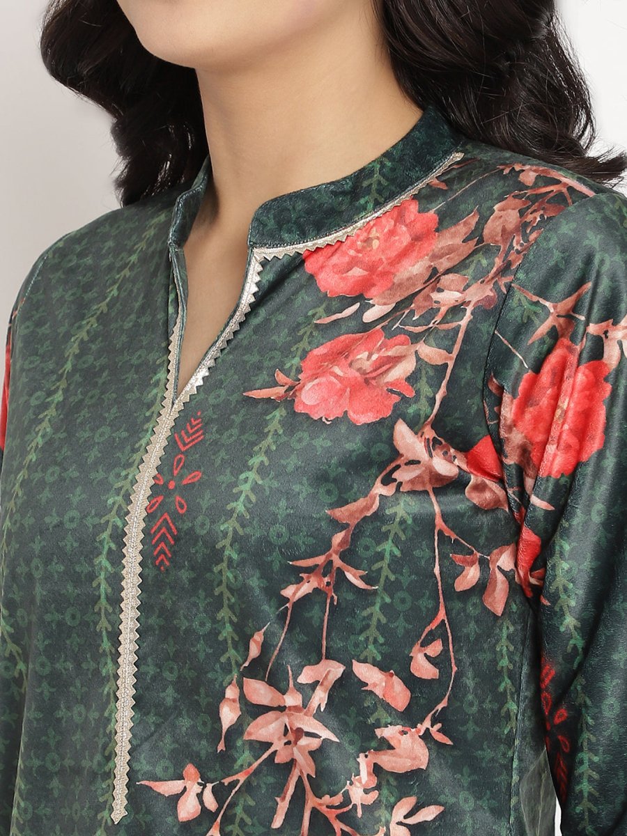 Ahalyaa Women's Dark Green Color Digital Print Velvet Kurta With Palazzo | Grocsy