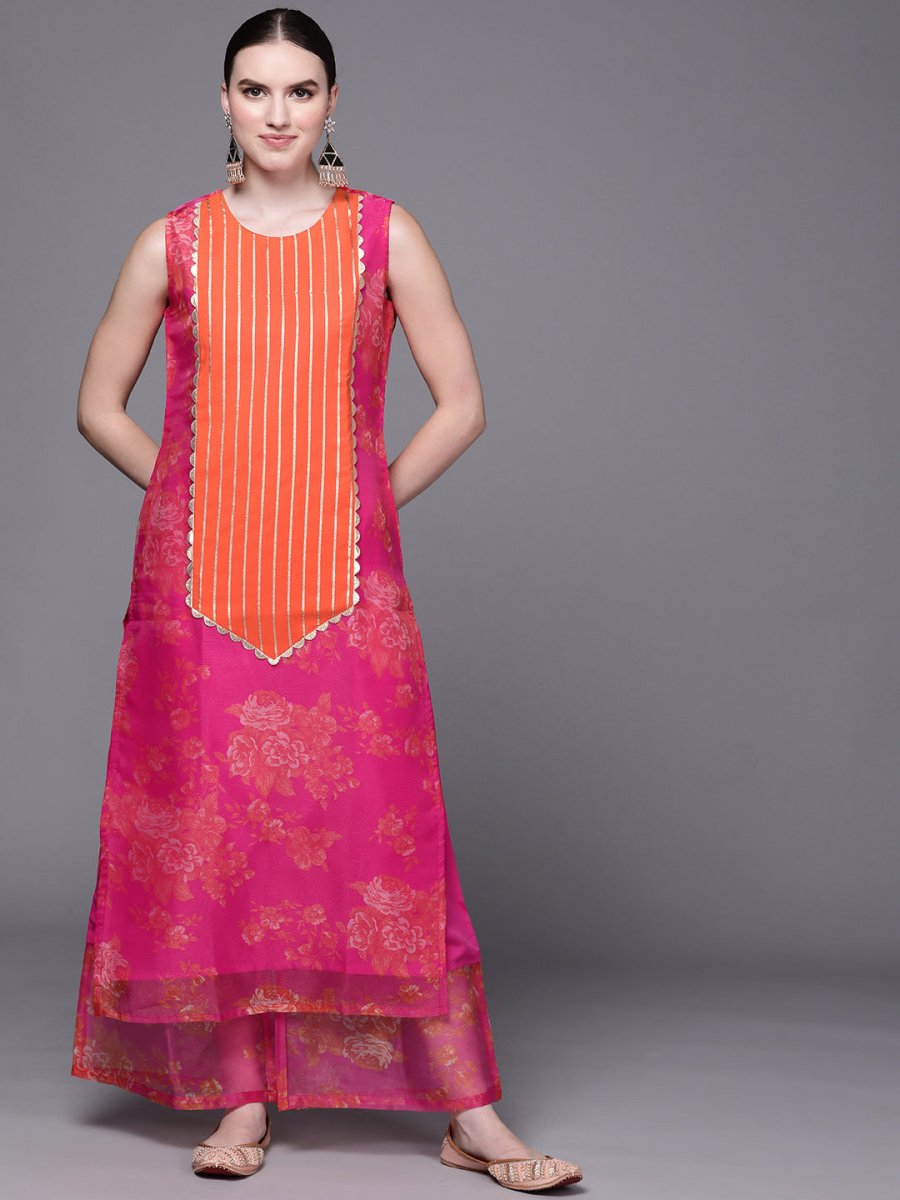 Ahalyaa Women Pink Floral Printed Gotta Patti Kurta with Palazzos | Grocsy