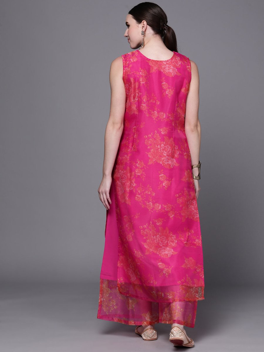 Ahalyaa Women Pink Floral Printed Gotta Patti Kurta with Palazzos | Grocsy