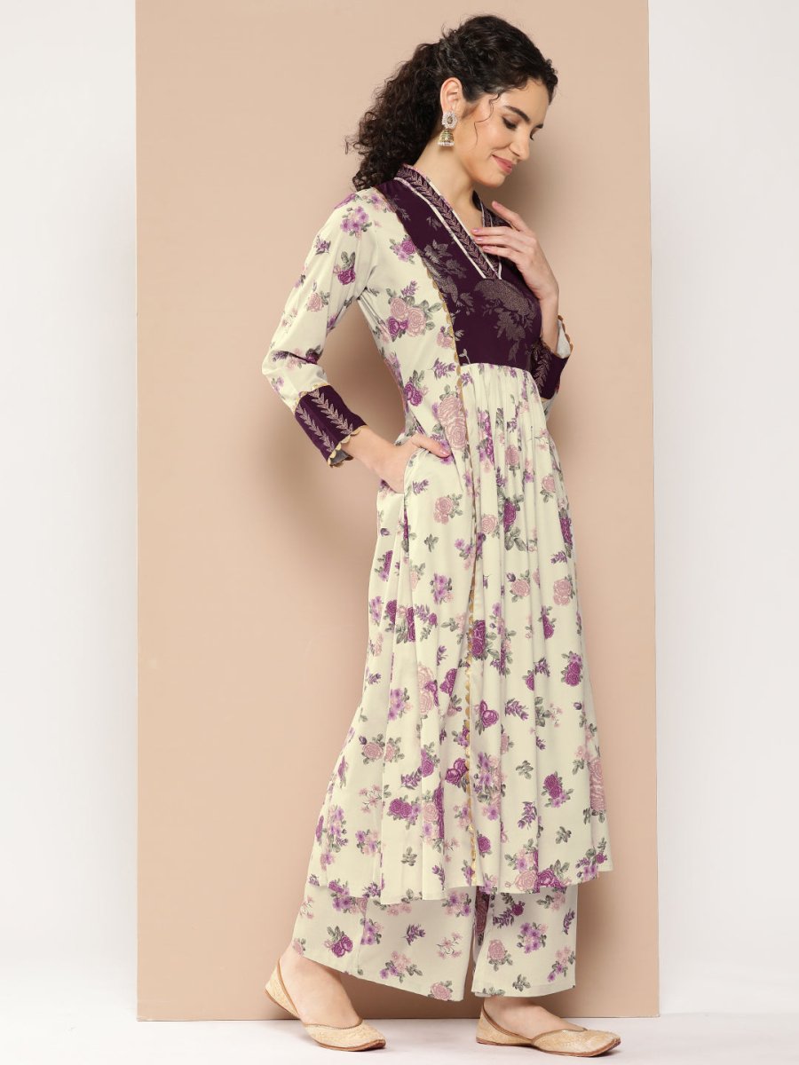 Ahalyaa Women Floral Printed Pleated Gotta Patti Kurta with Palazzos | Grocsy