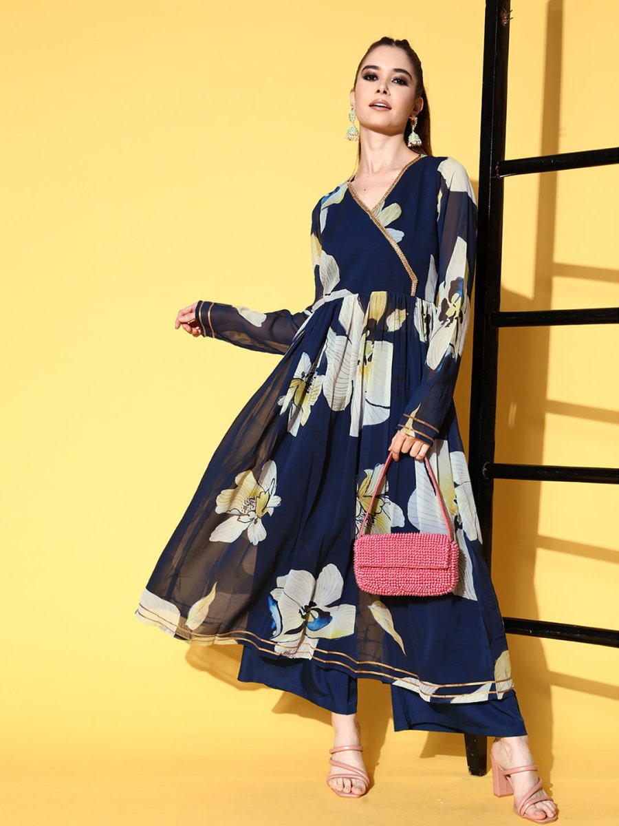 Ahalyaa Women Floral Printed Navy Blue Angrakha Kurta with Palazzos | Grocsy