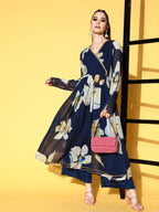 Ahalyaa Women Floral Printed Navy Blue Angrakha Kurta with Palazzos | Grocsy