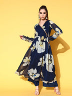 Ahalyaa Women Floral Printed Navy Blue Angrakha Kurta with Palazzos | Grocsy